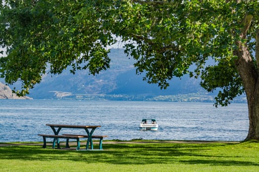 Recreational area with the table on lake's shore. Calm place with mountains overview under the crown of big chestnut tree