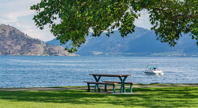 Recreational area with the table on a lake's shore. Calm place with mountains overview under the crown of big chestnut tree