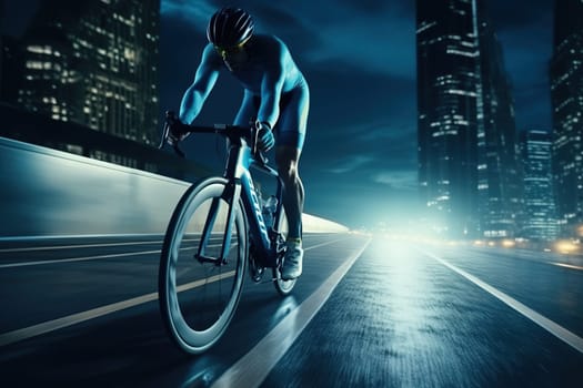 A professional cyclist rides at night in the city. Concept of sport, lifestyle, health, speed development.
