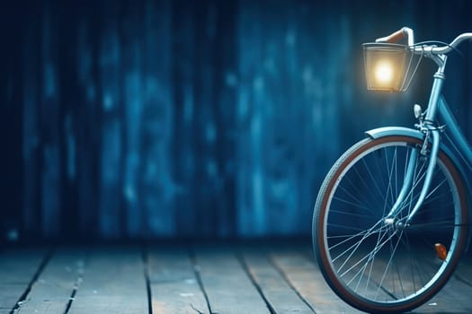 Blue bicycle with a basket and a lantern on a wooden floor against a bokeh background.