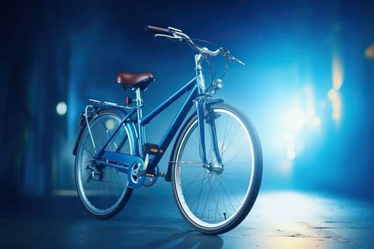 Blue bicycle on the evening city street.