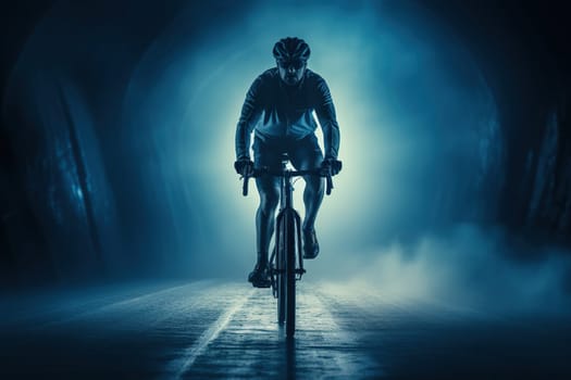 A professional cyclist rides in a tunnel at night. Concept of sport, lifestyle, health, speed development.