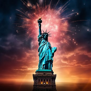 The Statue of Liberty in front of the night festive fireworks in honor of the US Independence Day. High quality photo