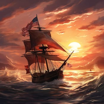 Beautiful ship with sails on the background of a stunning sunset. High quality photo