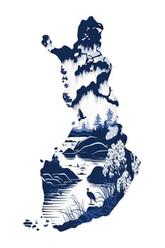 Contour of Finland - detailed map with nature of country painted watercolor in national colors. Generative AI