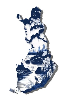 Contour of Finland - detailed map with nature of country painted watercolor in national colors. Generative AI