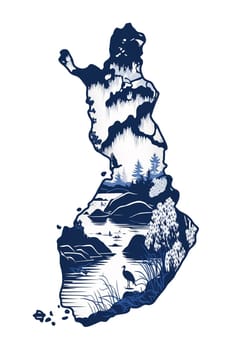 Contour of Finland - detailed map with nature of country painted watercolor in national colors. Generative AI