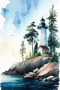 Finland, Finnish nature. Watercolor lighthouse illustration for postcard, poster, vertical banner. Generative AI