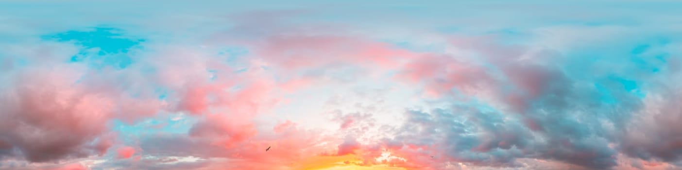 Sunset sky panorama with bright glowing pink Cumulus clouds. HDR 360 seamless spherical panorama. Full zenith or sky dome in 3D, sky replacement for aerial drone panoramas. Weather and climate concept