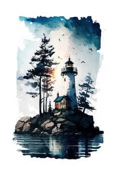 Finland, Finnish nature. Watercolor lighthouse illustration for postcard, poster, vertical banner. Generative AI