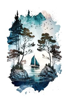 Finland, Finnish nature. Watercolor illustration of sailing boat for postcard, poster, vertical banner. Generative AI