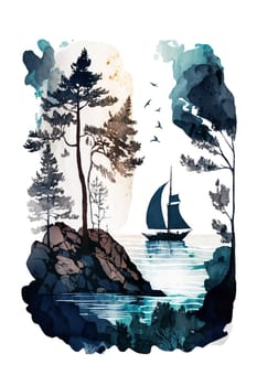 Finland, Finnish nature. Watercolor illustration of sailing boat for postcard, poster, vertical banner. Generative AI