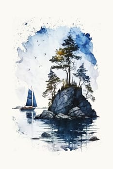 Finland, Finnish nature. Watercolor illustration of sailing boat for postcard, poster, vertical banner. Generative AI