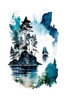 Finland, Finnish nature. Watercolor illustration of sailing boat for postcard, poster, vertical banner. Generative AI