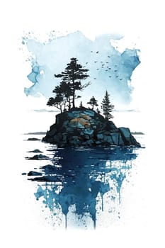 Finland, Finnish nature. Watercolor illustration of island for postcard, poster, vertical banner. Generative AI