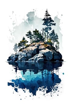 Finland, Finnish nature. Watercolor illustration of island for postcard, poster, vertical banner. Generative AI