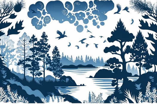 Finland, finnish nature painted watercolor in national colors. Horizontal illustration. Generative AI