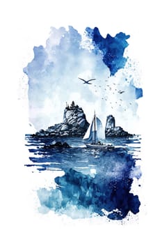 Finland, Finnish nature. Watercolor illustration of sailing boat for postcard, poster, vertical banner. Generative AI