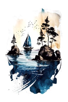 Finland, Finnish nature. Watercolor illustration of sailing boat for postcard, poster, vertical banner. Generative AI