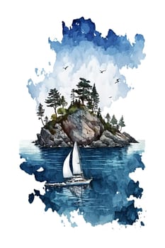 Finland, Finnish nature. Watercolor illustration of sailing boat for postcard, poster, vertical banner. Generative AI