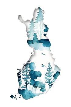Contour of Finland - detailed map with nature of country painted watercolor in national colors. Generative AI