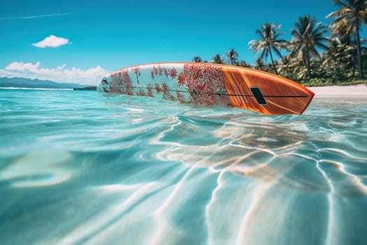 Surfboard in crystal clear water next to the beach and palm trees. Water sports. Leisure.