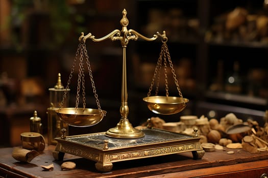 Golden scales of justice on a wooden table with a blurred background.