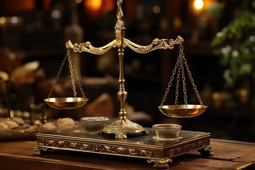 Golden scales of justice on a wooden table with a blurred background.