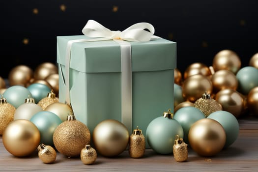 Christmas decorations with pastel green gift wrapping in an elegant package on a on a blurred colorful background