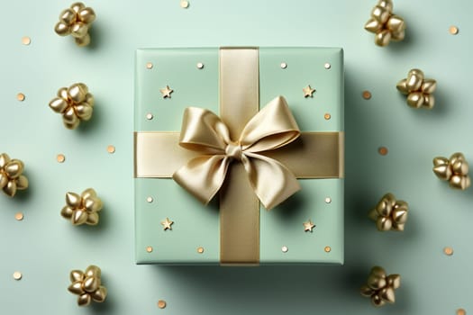 Christmas decorations with pastel green gift wrapping in an elegant package on a on a blurred colorful background Flat lay, top view, copy space