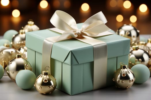 Christmas decorations with pastel green gift wrapping in an elegant package on a on a blurred colorful background