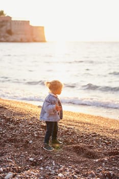 Little girl stands on a pebble beach and looks at the sea. High quality photo