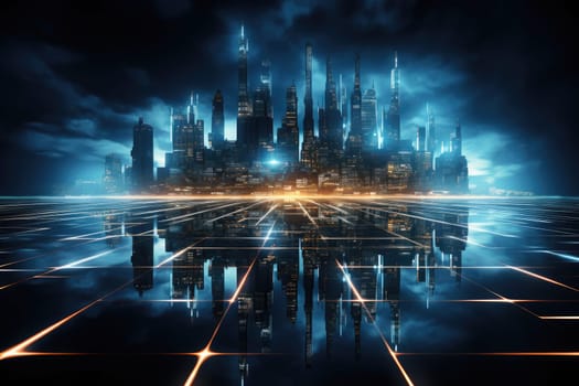 Cyber dark night city landscape background. Light glowing on dark scene by Generative AI.