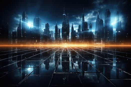 Cyber dark night city landscape background. Light glowing on dark scene by Generative AI.