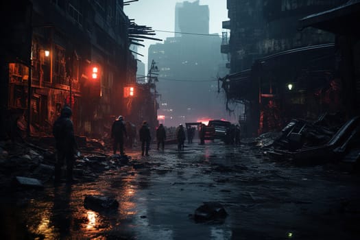 People in military uniform on the street of a destroyed city. The concept of war, destruction.