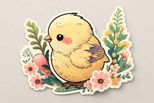 Sticker of Cute Easter yellow chicken with flowers. Illustration, horizontal drawing. Generative AI