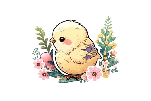 Sticker of Cute Easter yellow chicken with flowers. Illustration, horizontal drawing. Generative AI