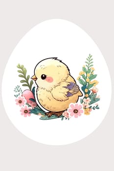 Sticker of Cute Easter yellow chicken with flowers. Illustration, drawing. Generative AI