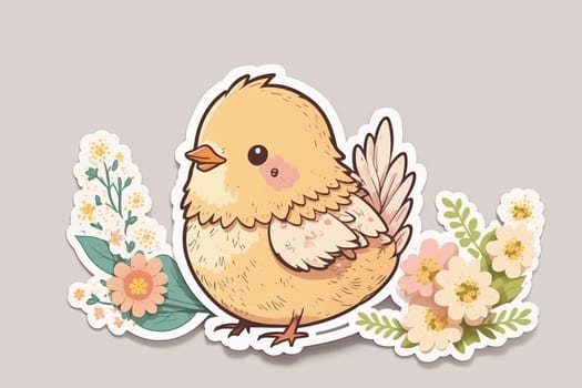 Sticker of Cute Easter yellow chicken with flowers. Illustration, horizontal drawing. Generative AI