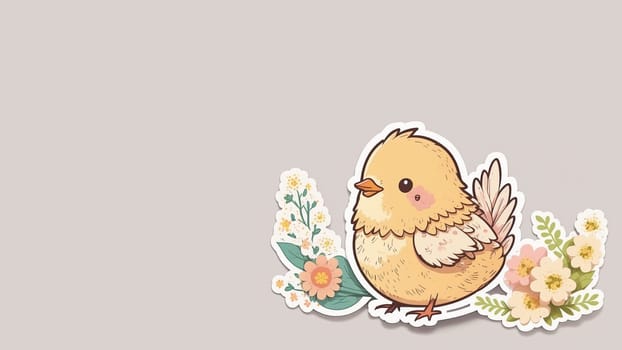 Sticker of Cute Easter yellow chicken with flowers. Illustration, drawing. Horizontal banner. Generative AI