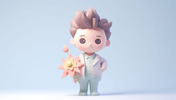 Cute boy holding a flower. 3D pastel colored. Valentine's Day . Happy Women's day. Cute boy cartoon character holding a bouquet of flowers. Space for text