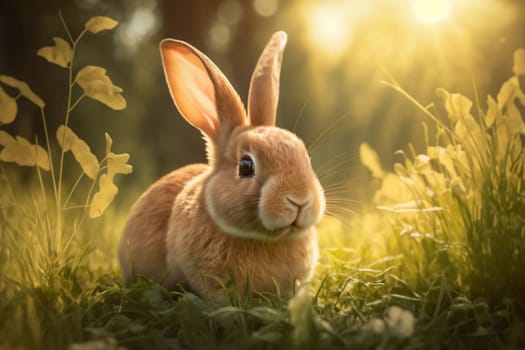Cute fluffy bunny in grass, spring and easter. Horizontal banner. Generative AI