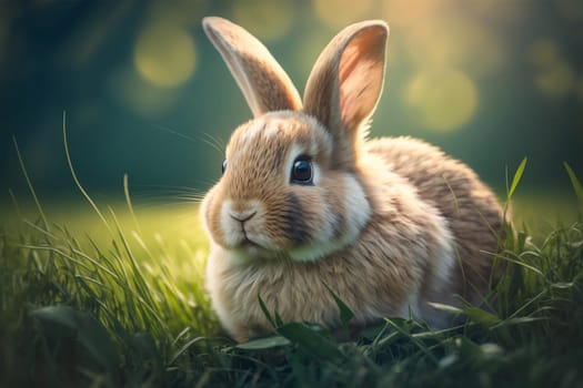 Cute fluffy bunny in grass, spring and easter. Horizontal banner. Generative AI