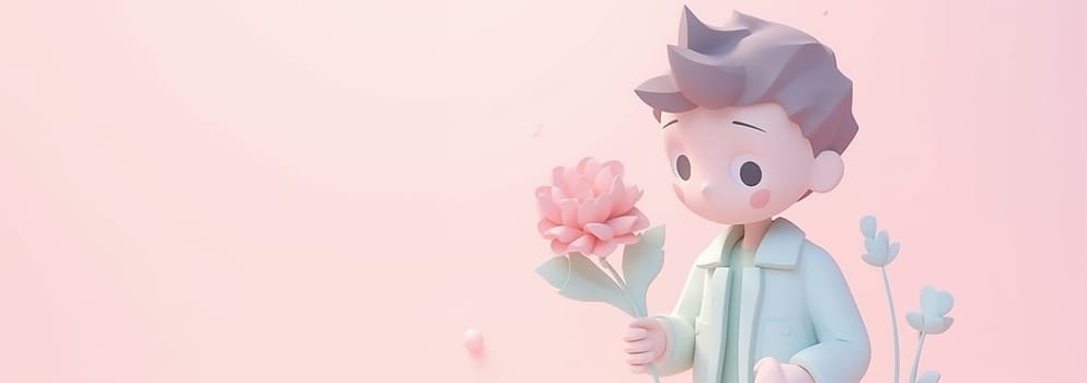 Cute boy holding a flower. 3D pastel colored. Valentine's Day . Happy Women's day. Cute boy cartoon character holding a bouquet of flowers. Space for text