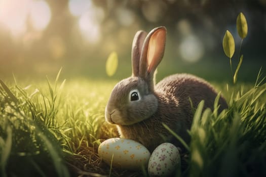 Cute fluffy Easter bunny with eggs in grass, spring and easter. Horizontal banner. Generative AI