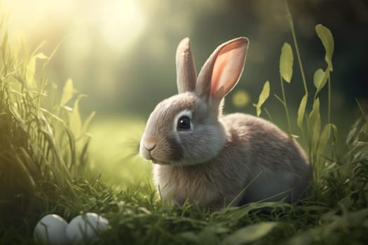 Cute fluffy Easter bunny with eggs in grass, spring and easter. Horizontal banner. Generative AI