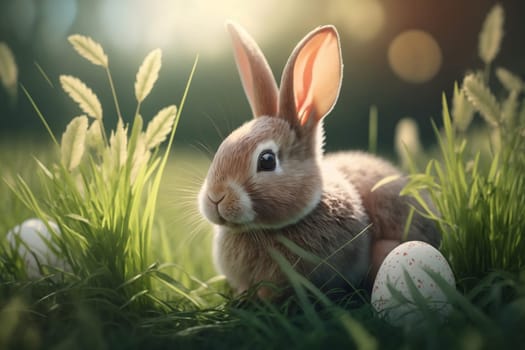 Cute fluffy Easter bunny with eggs in grass, spring and easter. Horizontal banner. Generative AI