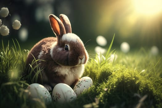 Cute fluffy Easter bunny with eggs in grass, spring and easter. Horizontal banner. Generative AI