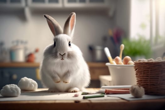 Cute Rabbit with organic domestic sweets on table. Little Bunny for Spring Holiday in the farm kitchen, banner. Generative AI