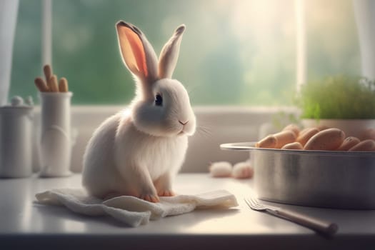 Cute Rabbit with Easter Holiday organic domestic food on table. Little Bunny for Spring Holiday in the farm kitchen, banner. Generative AI